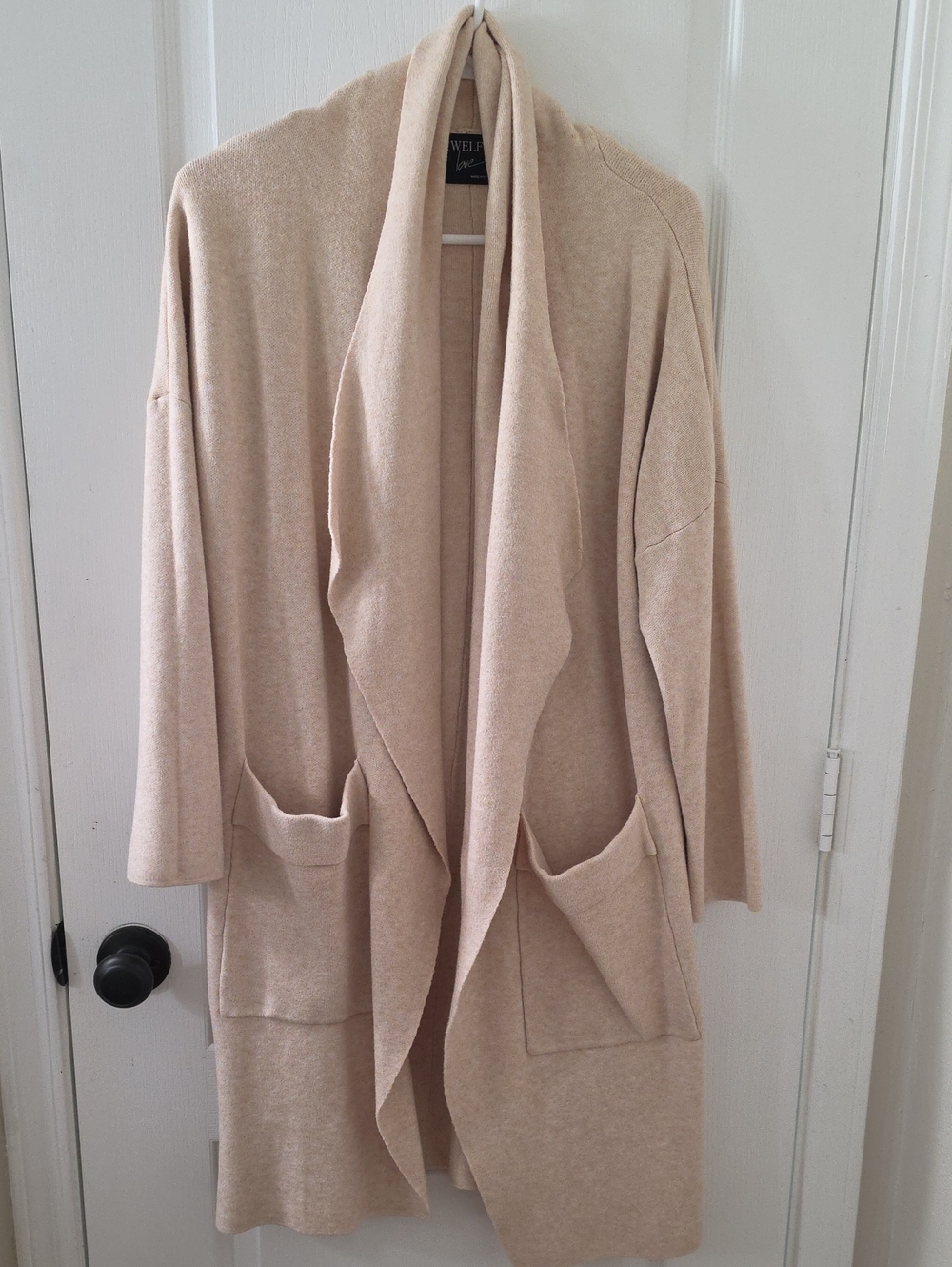 Draped Open-Front Beige Cardigan with Front Pockets